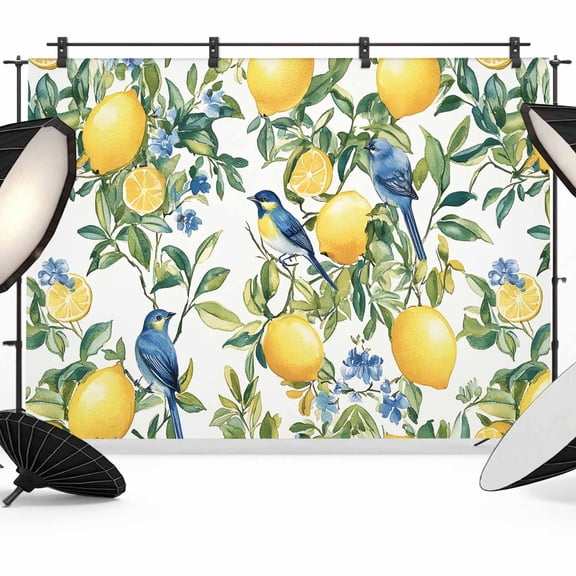7x5ft Photo Backdrop, Botanical Lemon Soft Polyester Backdrop Curtains Photography Backdrops, Watercolor Blue Birds Green Leaves Brushed Background for Photoshoots Studio Video Portrait Parties
