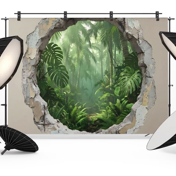7x5ft Photo Backdrop, Broken Wall Tropical Soft Polyester Backdrop Curtains Photography Backdrops, Palm Trees Green Botanical Brushed Background for Photoshoots Studio Video Portrait Parties