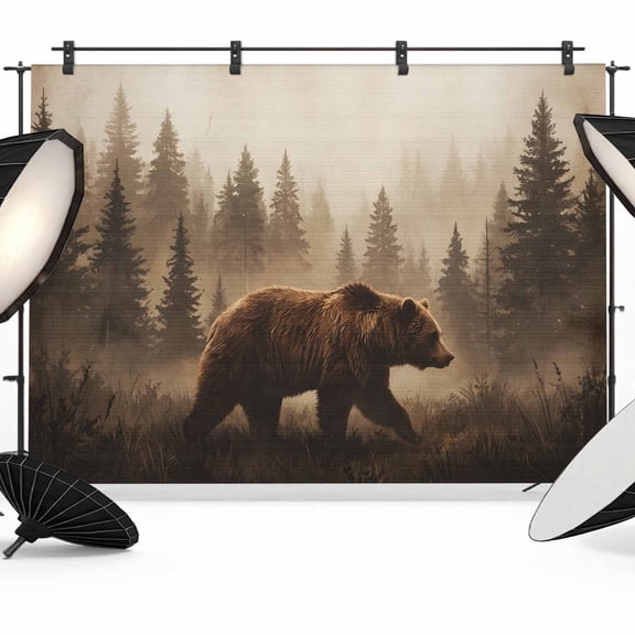 7x5ft Photo Backdrop, Brown Bear Soft Polyester Backdrop Curtains Photography Backdrops, Forest Pine Tree Rustic Wild Animal Vintage Brushed Background for Photoshoots Studio Video Portrait Parties