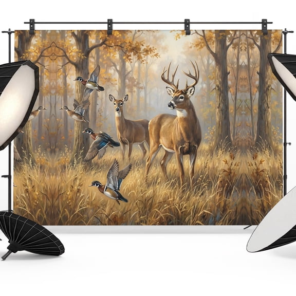 7x5ft Photo Backdrop, Brown Deer Birds Soft Polyester Backdrop Curtains Photography Backdrops, Autumn Forest Trees Grass Natural Scenery Brushed Background for Photoshoots Studio Video Portrait Party