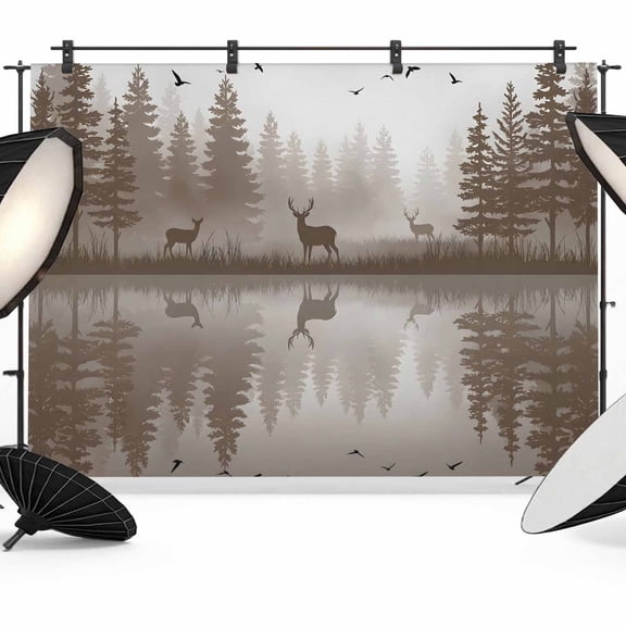 7x5ft Photo Backdrop, Brown Forest Soft Polyester Backdrop Curtains Photography Backdrops, Pine Tree Raindeer Lake Misty Natural Scenery Brushed Background for Photoshoots Studio Video Portrait Party
