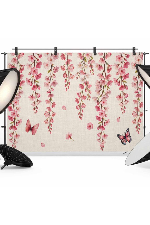 7x5ft Photo Backdrop, Butterfly Flower Soft Polyester Backdrop Curtains Photography Backdrops, Farmhouse Country Pink Floral on Linen Brushed Background for Photoshoots Studio Video Portrait Parties