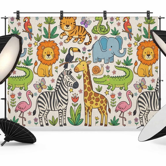 7x5ft Photo Backdrop, Cartoon Animals Soft Polyester Backdrop Curtains Photography Backdrops, Cute Funny Botanical Zebra Giraffe Beige Brushed Background for Photoshoots Studio Video Portrait Parties