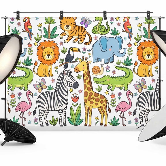 7x5ft Photo Backdrop, Cartoon Animals Soft Polyester Backdrop Curtains Photography Backdrops, Cute Funny Botanical Zebra Giraffe Flower Brushed Background for Photoshoots Studio Video Portrait Party