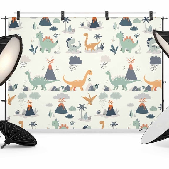 7x5ft Photo Backdrop, Cartoon Animals Soft Polyester Backdrop Curtains Photography Backdrops, Funny Dinosaur Tropical Plants Green Blue Brushed Background for Photoshoots Studio Video Portrait Party