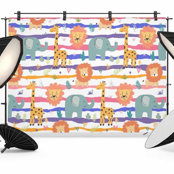 7x5ft Photo Backdrop, Cartoon Animals Soft Polyester Backdrop Curtains Photography Backdrops, Funny Lions Giraffes Tropical Plants Striped Brushed Background for Photoshoots Studio Video Portrait