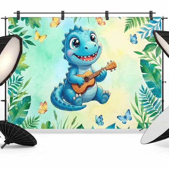 7x5ft Photo Backdrop, Cartoon Dinosaur Soft Polyester Backdrop Curtains Photography Backdrops, Summer Butterfly Fern Tropical Palm Plants Brushed Background for Photoshoots Studio Video Portrait