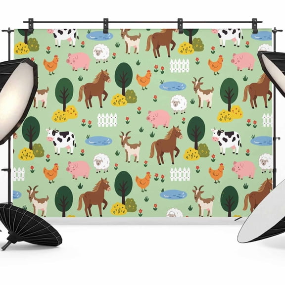 7x5ft Photo Backdrop, Cartoon Farm Soft Polyester Backdrop Curtains Photography Backdrops, Funny Cow Horse Sheep Pig Chicken Trees Brushed Background for Photoshoots Studio Video Portrait Parties