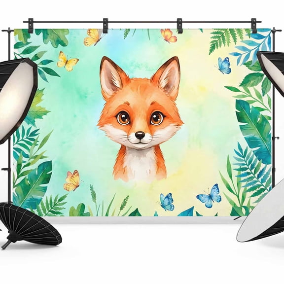 7x5ft Photo Backdrop, Cartoon Fox Soft Polyester Backdrop Curtains Photography Backdrops, Summer Butterfly Fern Tropical Palm Plants Brushed Background for Photoshoots Studio Video Portrait Parties