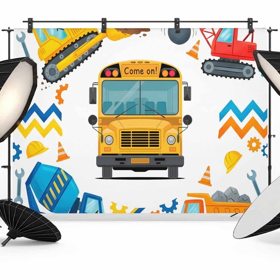 7x5ft Photo Backdrop, Cartoon Truck Soft Polyester Backdrop Curtains Photography Backdrops, Cute Funny Engineering Vehicle Brushed Background for Photoshoots Studio Video Portrait Parties