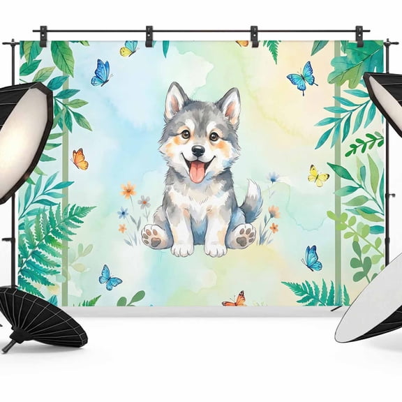 7x5ft Photo Backdrop, Cartoon Wolf Soft Polyester Backdrop Curtains Photography Backdrops, Summer Butterfly Flowers Tropical Palm Plants Brushed Background for Photoshoots Studio Video Portrait Party