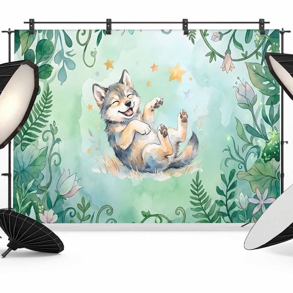 7x5ft Photo Backdrop, Cartoon Wolf Soft Polyester Backdrop Curtains Photography Backdrops, Summer Flowers Tropical Palm Green Plants Brushed Background for Photoshoots Studio Video Portrait Parties