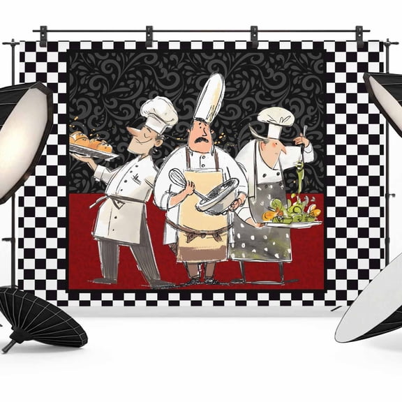 7x5ft Photo Backdrop, Chef Soft Polyester Backdrop Curtains Photography Backdrops, Cartoon Cute Watercolor Cooking Black Plaid Brushed Background for Photoshoots Studio Video Portrait Parties