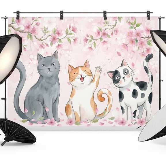 7x5ft Photo Backdrop, Cherry Blossom Cats Soft Polyester Backdrop Curtains Photography Backdrops, Pink Spring Modern Farmhouse Floral Brushed Background for Photoshoots Studio Video Portrait Parties