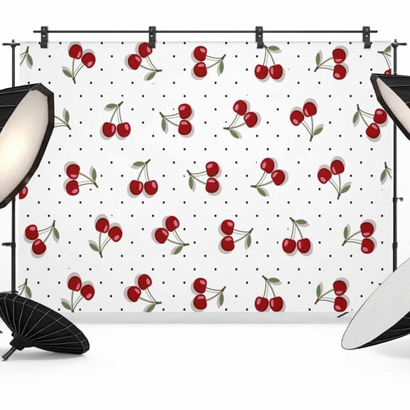 7x5ft Photo Backdrop, Cherry Soft Polyester Backdrop Curtains Photography Backdrops, Modern Simple Red Berry Fruit Branches Dots Brushed Background for Photoshoots Studio Video Portrait Parties