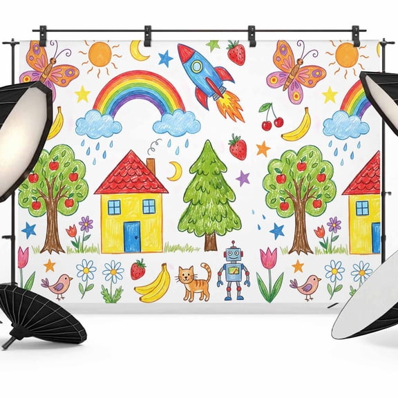 7x5ft Photo Backdrop, Children's Day Soft Polyester Backdrop Curtains Photography Backdrops, Cartoon Painting Rainbow Rocket Butterfly Brushed Background for Photoshoots Studio Video Portrait Parties