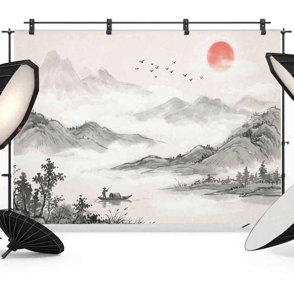 7x5ft Photo Backdrop, Chinese Ink Painting Soft Polyester Backdrop Curtains Photography Backdrops, Mountain Red Sun Landscape Brushed Background for Photoshoots Studio Video Portrait Parties