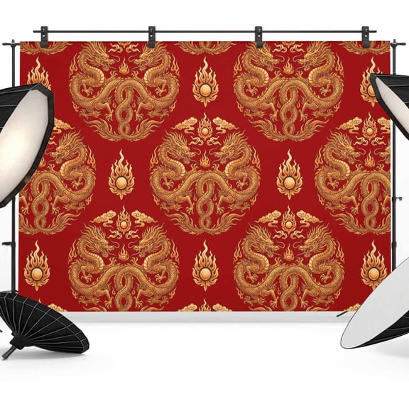 7x5ft Photo Backdrop, Chinese New Year Soft Polyester Backdrop Curtains Photography Backdrops, Yellow Dragon Traditional Vintage Red Brushed Background for Photoshoots Studio Video Portrait Parties