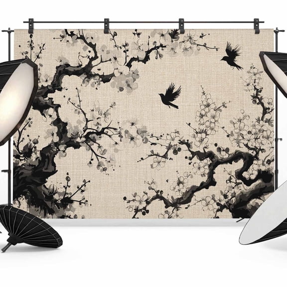 7x5ft Photo Backdrop, Chinese Soft Polyester Backdrop Curtains Photography Backdrops, Black White Tree Flowers Traditional Ink Painting Brushed Background for Photoshoots Studio Portrait Parties