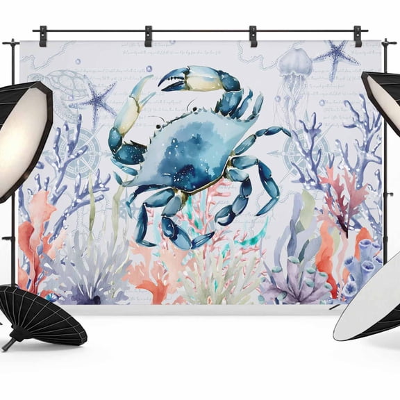 7x5ft Photo Backdrop, Coastal Animals Soft Polyester Backdrop Curtains Photography Backdrops, Summer Ocean Crab Turtle Coral Jellyfish Blue Brushed Background for Photoshoots Studio Video Portrait