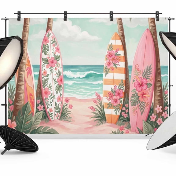 7x5ft Photo Backdrop, Coastal Beach Soft Polyester Backdrop Curtains Photography Backdrops, Summer Flower Waves Surfboards Coconut Trees Brushed Background for Photoshoots Studio Video Portrait Party