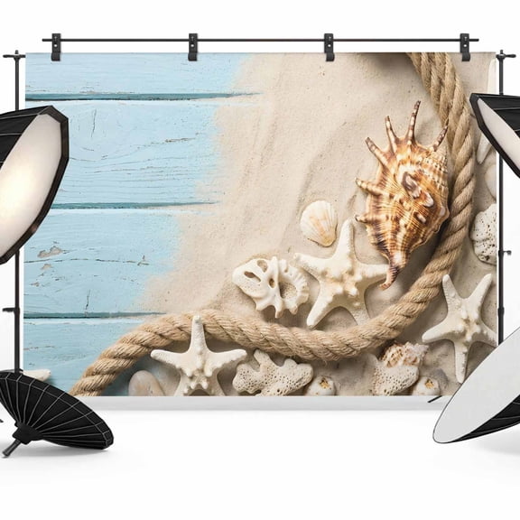 7x5ft Photo Backdrop, Coastal Beach Soft Polyester Backdrop Curtains Photography Backdrops, Summer Nautical Blue Deck Starfish Conch Brushed Background for Photoshoots Studio Video Portrait Parties