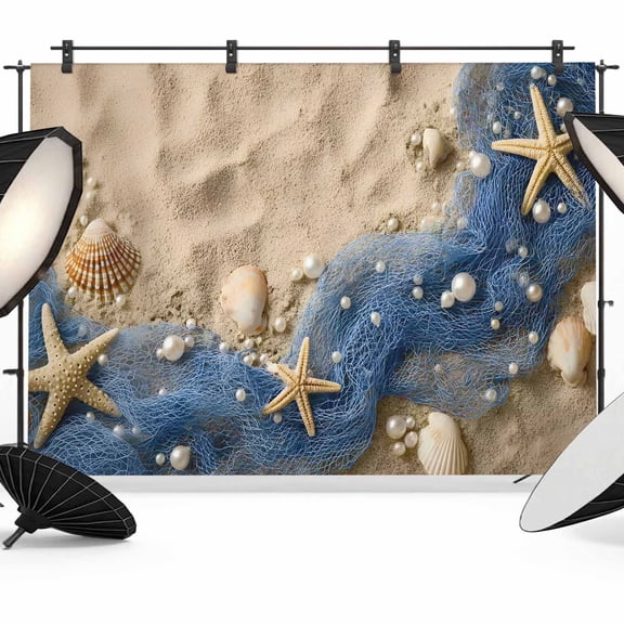 7x5ft Photo Backdrop, Coastal Beach Soft Polyester Backdrop Curtains Photography Backdrops, Summer Nautical Blue Fishing Net Conch Brushed Background for Photoshoots Studio Video Portrait Parties