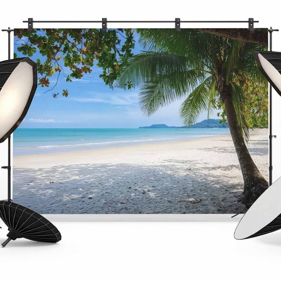 7x5ft Photo Backdrop, Coastal Beach Soft Polyester Backdrop Curtains Photography Backdrops, Summer Ocean Sea Modern Palm Coconut Tree Brushed Background for Photoshoots Studio Video Portrait Parties