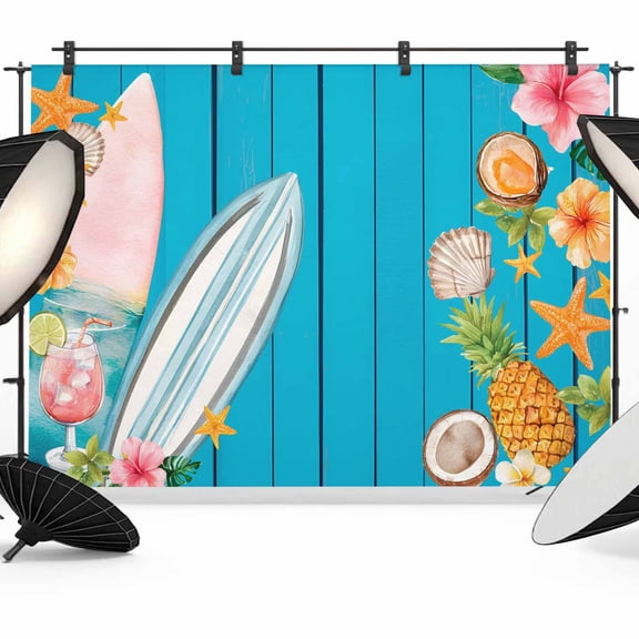 7x5ft Photo Backdrop, Coastal Beach Soft Polyester Backdrop Curtains Photography Backdrops, Summer Tropical Plants Ocean Blue Wood Grain Brushed Background for Photoshoots Studio Video Portrait Party