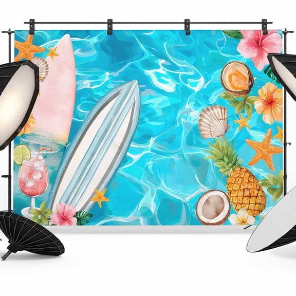 7x5ft Photo Backdrop, Coastal Beach Soft Polyester Backdrop Curtains Photography Backdrops, Summer Tropical Plants Ocean Sea Waves Blue Brushed Background for Photoshoots Studio Video Portrait Party