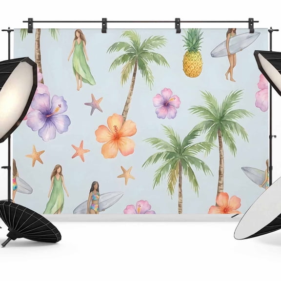 7x5ft Photo Backdrop, Coastal Beach Soft Polyester Backdrop Curtains Photography Backdrops, Summer Tropical Vacation Palm Trees Surfing Brushed Background for Photoshoots Studio Video Portrait Party