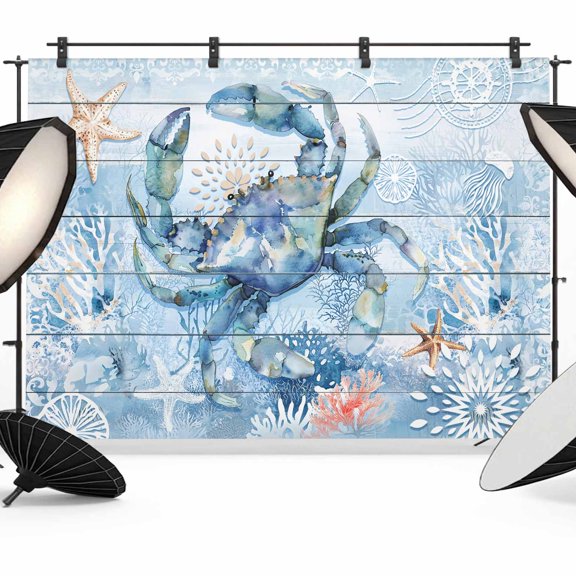 7x5ft Photo Backdrop, Coastal Blue Crab Soft Polyester Backdrop Curtains Photography Backdrops, Ocean Nautical Starfish Coral Wooden Brushed Background for Photoshoots Studio Video Portrait Parties