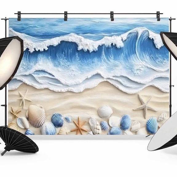 7x5ft Photo Backdrop, Coastal Blue Soft Polyester Backdrop Curtains Photography Backdrops, Starfish Beach Ocean Shell Sand Painting Brushed Background for Photoshoots Studio Video Portrait Parties