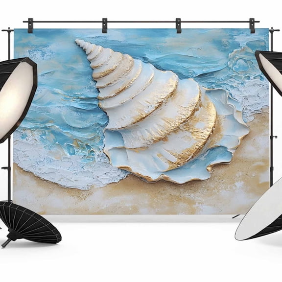 7x5ft Photo Backdrop, Coastal Conch Soft Polyester Backdrop Curtains Photography Backdrops, Summer Beach Seaside Nautical Blue Brushed Background for Photoshoots Studio Video Portrait Parties