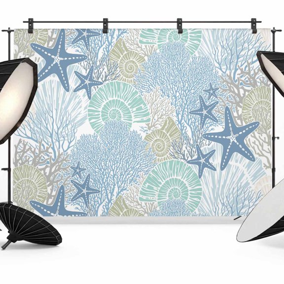 7x5ft Photo Backdrop, Coastal Coral Soft Polyester Backdrop Curtains Photography Backdrops, Nautical Ocean Starfish Conch Shells Brushed Background for Photoshoots Studio Video Portrait Parties