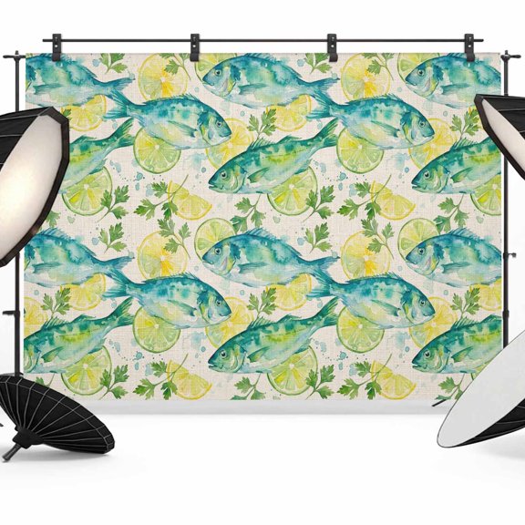 7x5ft Photo Backdrop, Coastal Fish Soft Polyester Backdrop Curtains Photography Backdrops, Summer Watercolor Ocean Animals Lemon Beige Brushed Background for Photoshoots Studio Video Portrait Parties