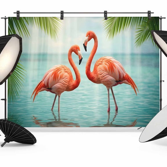 7x5ft Photo Backdrop, Coastal Flamingo Soft Polyester Backdrop Curtains Photography Backdrops, Summer Tropical Palm Tree Brushed Background for Photoshoots Studio Video Portrait Parties