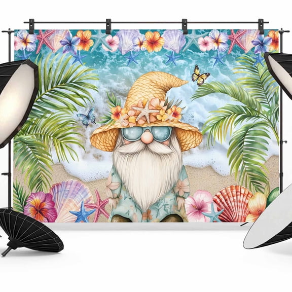 7x5ft Photo Backdrop, Coastal Gnomes Soft Polyester Backdrop Curtains Photography Backdrops, Tropical Palm Tree Beach Flowers Butterfly Brushed Background for Photoshoots Studio Portrait Parties