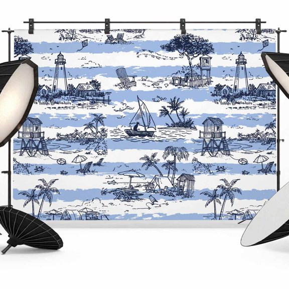7x5ft Photo Backdrop, Coastal Nautical Soft Polyester Backdrop Curtains Photography Backdrops, Summer Ocean Sea Corals Blue Striped Brushed Background for Photoshoots Studio Video Portrait Parties