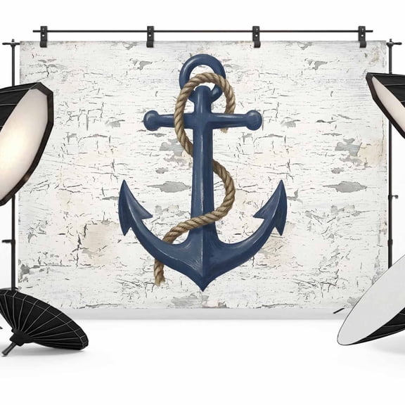 7x5ft Photo Backdrop, Coastal Nautical Soft Polyester Backdrop Curtains Photography Backdrops, Summer Vintage Ocean Shabby Blue Anchor Brushed Background for Photoshoots Studio Video Portrait Parties