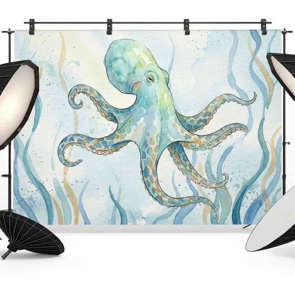 7x5ft Photo Backdrop, Coastal Octopus Soft Polyester Backdrop Curtains Photography Backdrops, Nautical Seaweed Ocean Creatures Brushed Background for Photoshoots Studio Video Portrait Parties