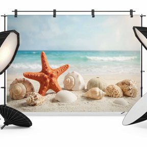 7x5ft Photo Backdrop, Coastal Seashells Soft Polyester Backdrop Curtains Photography Backdrops, Tropical Beach Starfish Ocean Horizon Brushed Background for Photoshoots Studio Video Portrait Parties
