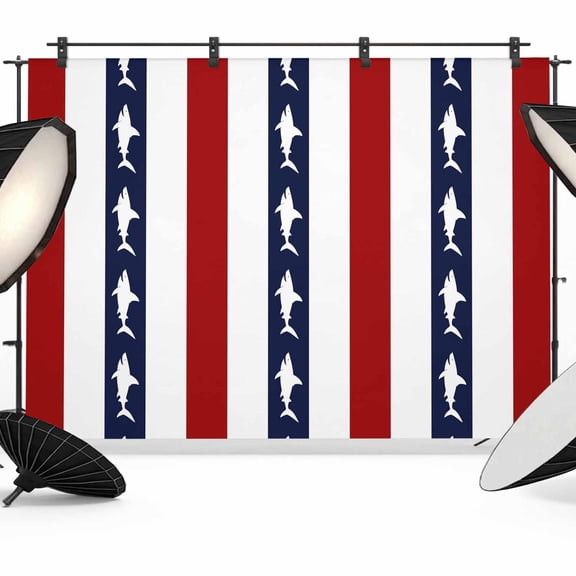 7x5ft Photo Backdrop, Coastal Shark Soft Polyester Backdrop Curtains Photography Backdrops, Ocean Red Navy Blue White Stripe Geometric Brushed Background for Photoshoots Studio Video Portrait Parties