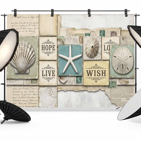 7x5ft Photo Backdrop, Coastal Starfish Soft Polyester Backdrop Curtains Photography Backdrops, Beach Starfish Distressed Wood Newspaper Brushed Background for Photoshoots Studio Video Portrait Party