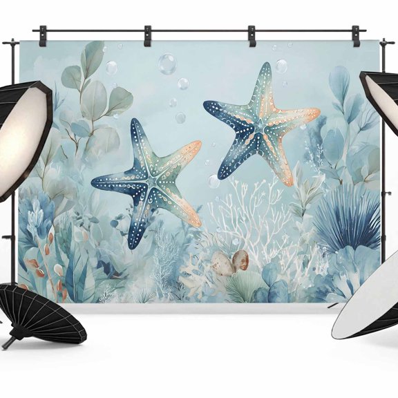 7x5ft Photo Backdrop, Coastal Starfish Soft Polyester Backdrop Curtains Photography Backdrops, Nautical Ocean Creature Eucalyptus Leaf Brushed Background for Photoshoots Studio Video Portrait Parties