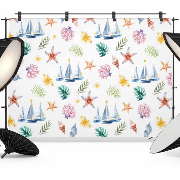 7x5ft Photo Backdrop, Coastal Starfish Soft Polyester Backdrop Curtains Photography Backdrops, Nautical Ship Palm Leaves Flowers Coral Brushed Background for Photoshoots Studio Video Portrait Parties