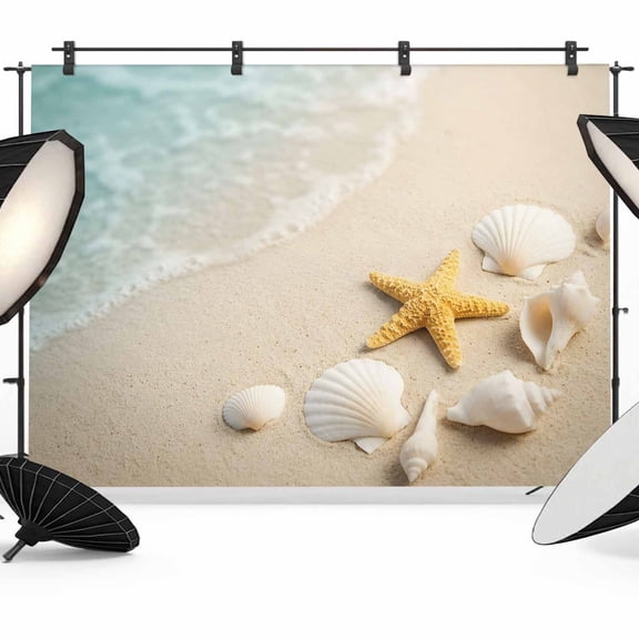 7x5ft Photo Backdrop, Coastal Summer Soft Polyester Backdrop Curtains Photography Backdrops, Yellow Starfish Shells Minimalist Sand Brushed Background for Photoshoots Studio Video Portrait Parties