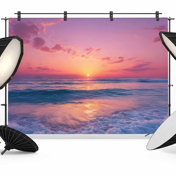 7x5ft Photo Backdrop, Coastal Sunset Soft Polyester Backdrop Curtains Photography Backdrops, Summer Beach Seaside Ocean Waves Brushed Background for Photoshoots Studio Video Portrait Parties