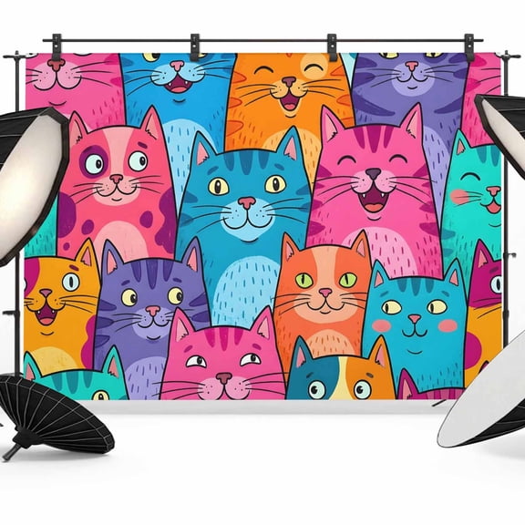 7x5ft Photo Backdrop, Colorful Cat Soft Polyester Backdrop Curtains Photography Backdrops, Modern Abstract Art Cartoon Animals Brushed Background for Photoshoots Studio Video Portrait Parties