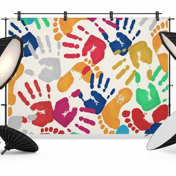 7x5ft Photo Backdrop, Colorful Handprints Soft Polyester Backdrop Curtains Photography Backdrops, Rainbow Abstract Hand Foot Prints Brushed Background for Photoshoots Studio Video Portrait Parties
